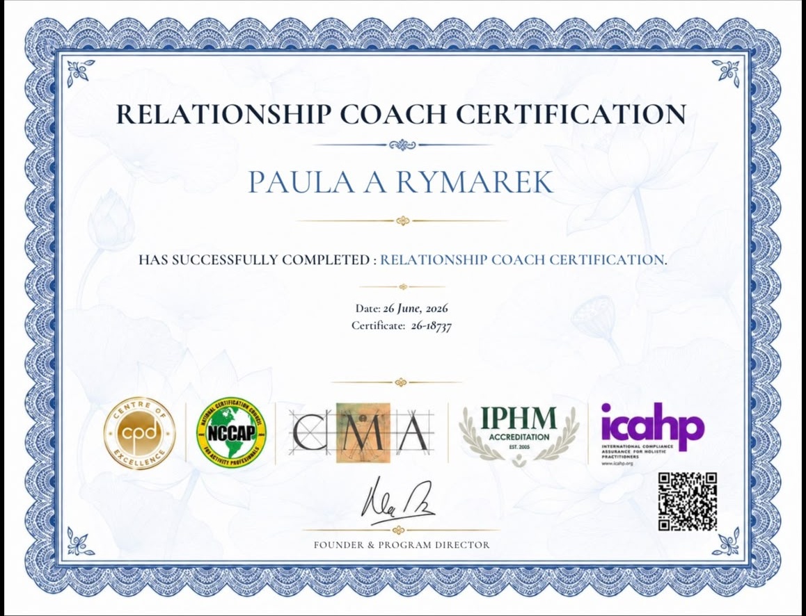 Paula Rymarek Relationship Coach Certification certificate
